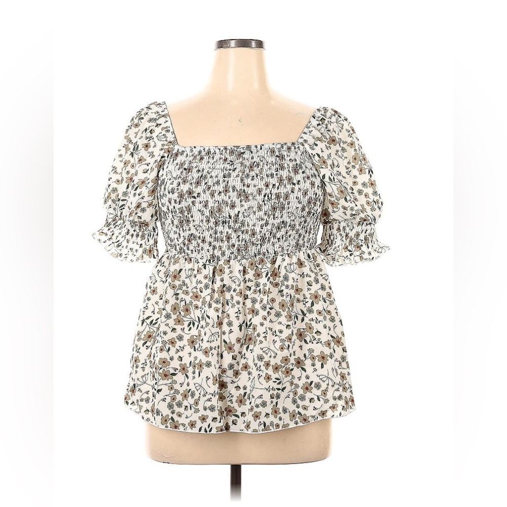 Shein Curve Floral Puff Sleeve Smocked Top, Green and White, Size 1X, EUC!